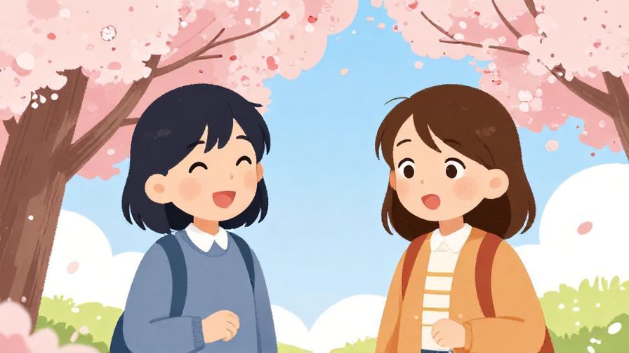 Illustration%20of%20two friends talking happily under cherry blossoms, one with a surprised expression, bright and cheerful colors, illustrated style