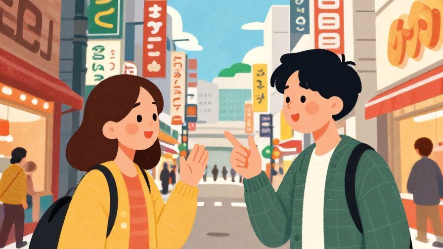 Illustration%20of%20two friends talking with animated gestures, Osaka street scene, colorful and lively, illustrated style
