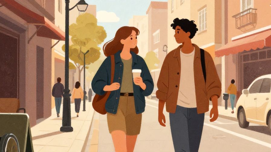 Illustration%20of%20two friends walking and chatting%20in%20a%20city%20street%2C%20warm%20colors%2C%20illustrated%20style