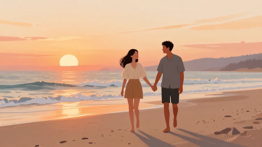 Illustration%20of%20two friends walking hand in hand along a beach at sunset, warm hues, illustrated style