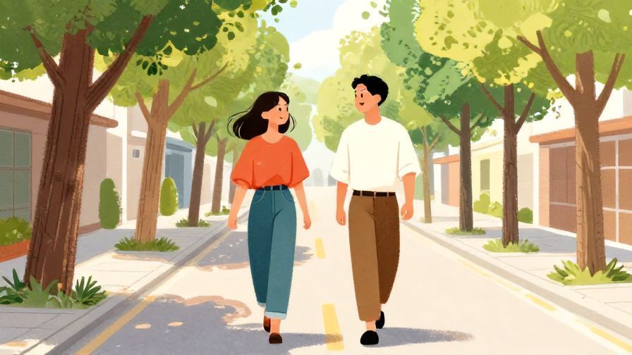 Illustration%20of%20two friends walking happily down a tree-lined street, relaxed and smiling, vibrant colors, illustrated style