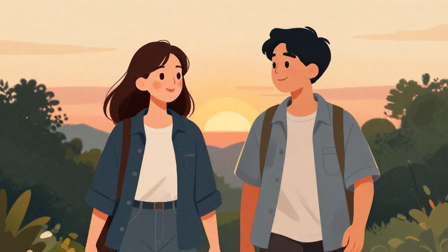 Illustration%20of%20two friends walking side by side, smiling warmly, with a gentle sunset and trees in the background