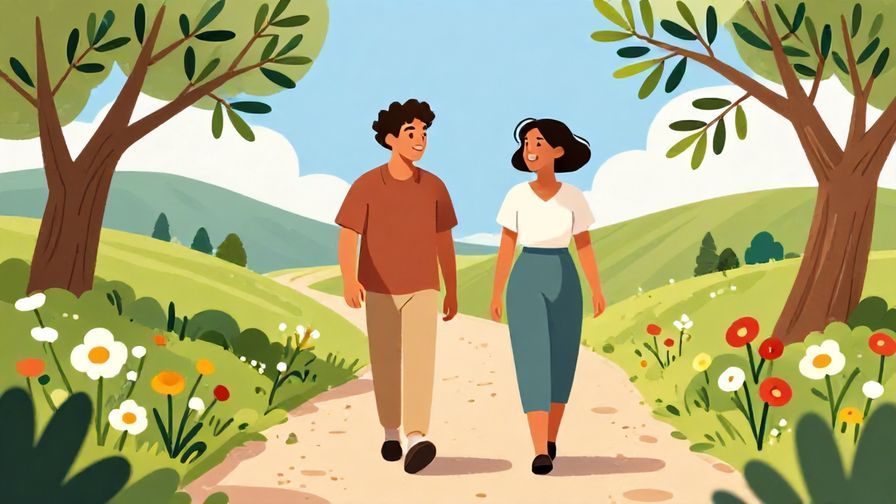 Illustration%20of%20two friends walking side by side on a sunny path lined with flowers and olive branches, smiling and optimistic