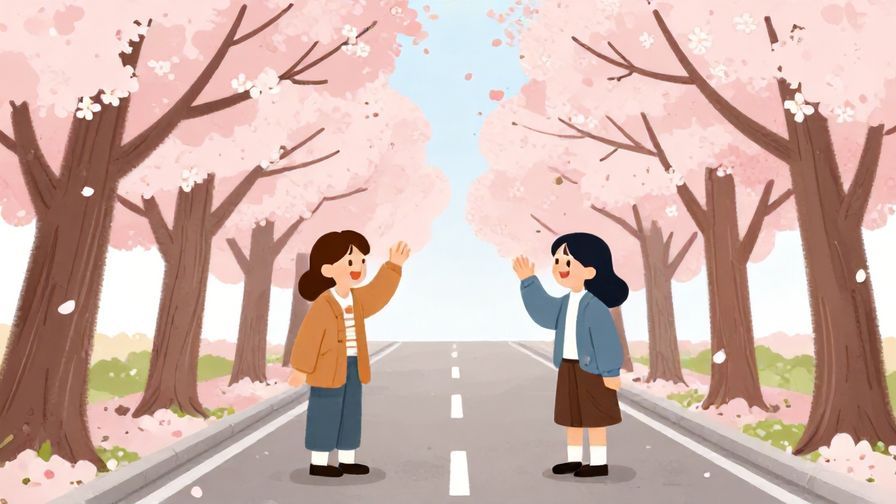 Illustration%20of%20two friends waving goodbye across a street under cherry blossoms, soft pink hues, illustrated style