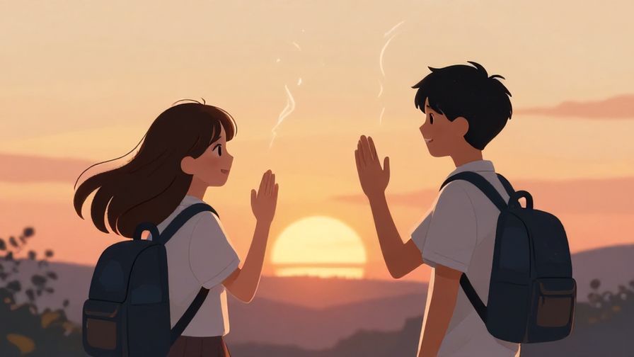 Illustration%20of%20two friends waving goodbye at sunset, with school bags and a gentle breeze, warm and nostalgic atmosphere, illustrated style