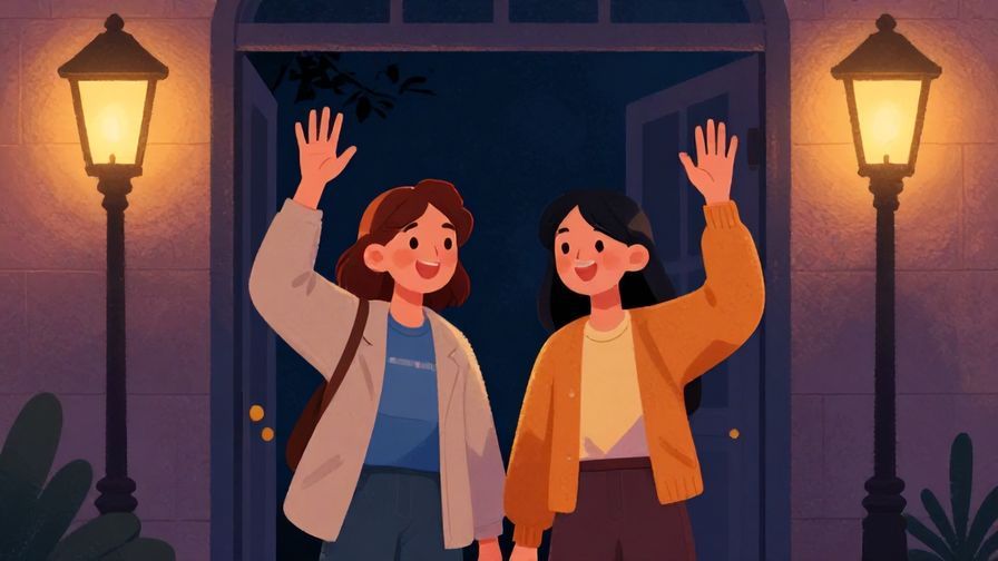 Illustration%20of%20two friends waving goodbye by a doorway at night, smiling warmly, street lamps casting soft glows, vibrant colors