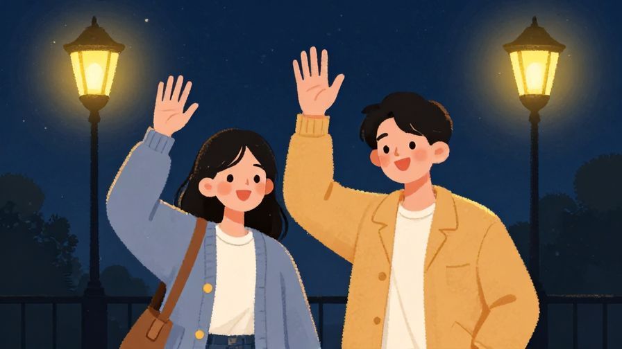 Illustration%20of%20two friends waving goodbye casually at night, one saying good night with a bright smile, street lamps glowing warmly, illustrated style