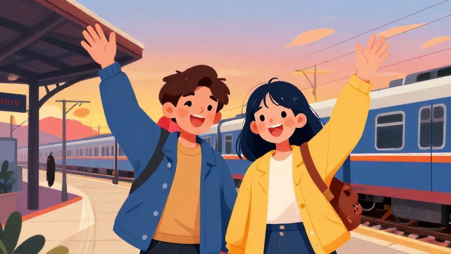 Illustration%20of%20two friends waving goodbye happily outside a train station, sunset background, vibrant colors, illustrated style
