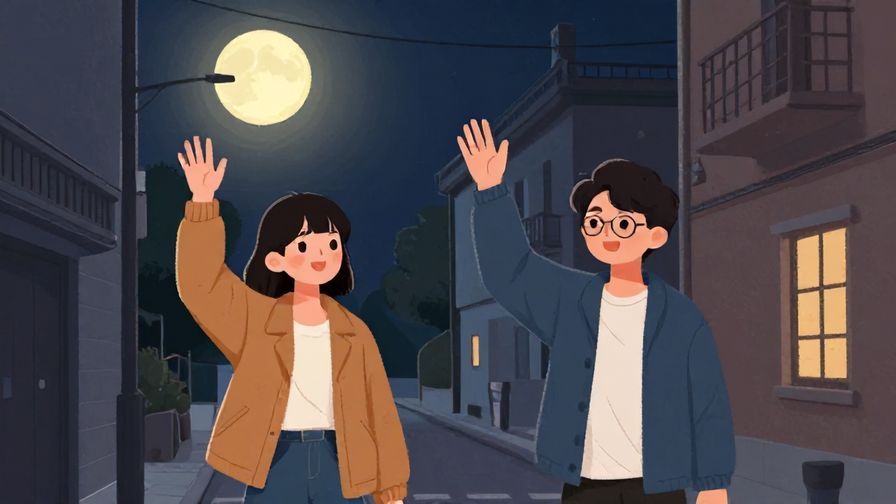 Illustration%20of%20two friends waving goodbye on a quiet street under a full moon, casual and warm atmosphere, illustrated style