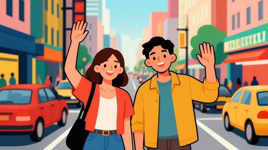 Illustration%20of%20two friends waving goodbye on a busy city street with lively background%2C%20vibrant%20colors%2C%20illustrated%20style