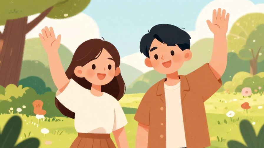 Illustration%20of%20two friends waving goodbye with smiles in an afternoon park setting, warm and friendly