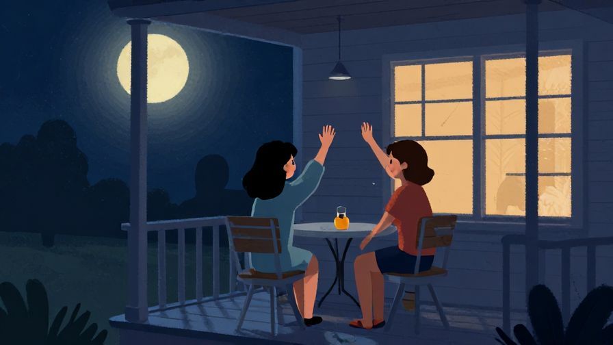Illustration%20of%20two friends waving on a porch at night, moonlight shining, promising to meet again soon, illustrated style