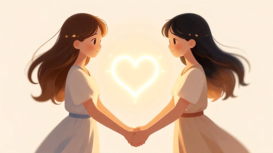 Illustration%20of%20two girls holding hands with a glowing heart symbol between them, surrounded by soft warm light