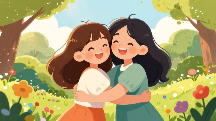 Illustration%20of%20two girls hugging with happy expressions in a sunlit park, colorful flowers surrounding them