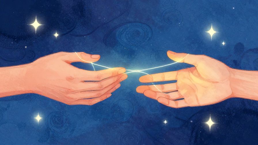 Illustration%20of%20two hands gently reaching out towards each other with soft glowing threads connecting them, symbolizing fate, detailed background, vibrant colors, illustrated style