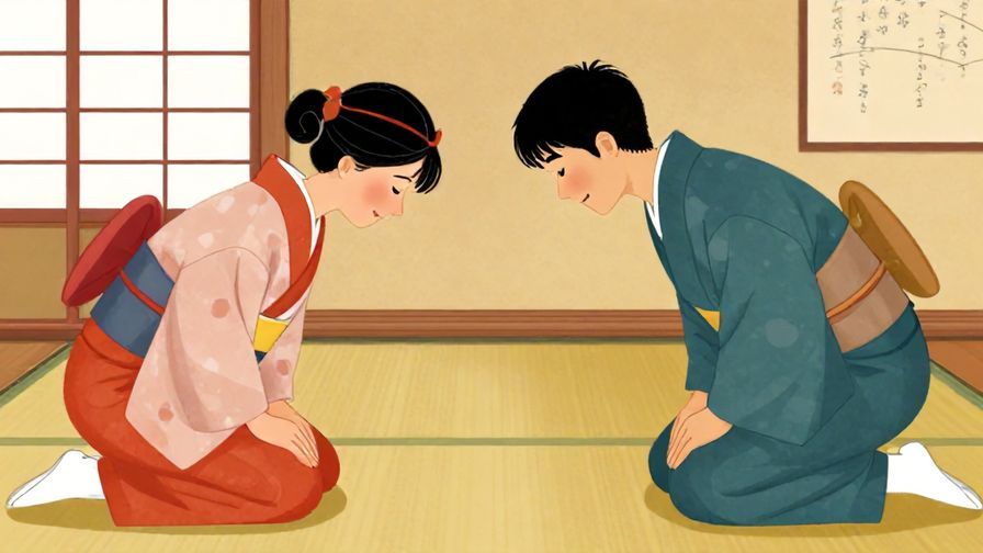 Illustration%20of%20two individuals bowing respectfully to each other with smiles in a traditional Japanese room, symbolizing reconciliation and peace, vibrant colors, illustrated style
