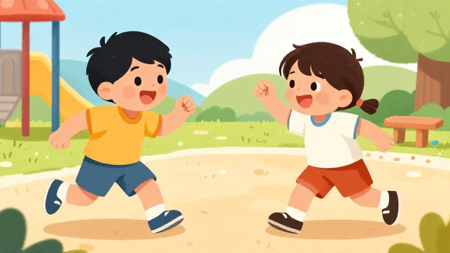 Illustration%20of%20two kids playfully competing in a game, bright colors, energetic expressions, playground background