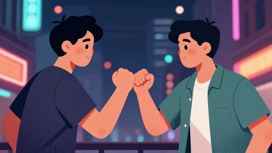 Illustration%20of%20two male friends sharing a fist bump under neon city lights, casual and confident expressions, illustrated style