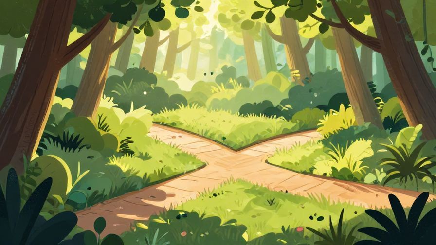 Illustration%20of%20two paths crossing gently in a serene forest, soft sunlight filtering through leaves, symbolizing a destined meeting, vibrant colors, illustrated style