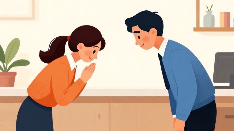 Illustration%20of%20two people bowing respectfully to each other with warm smiles in a professional setting, vibrant colors, illustrated style