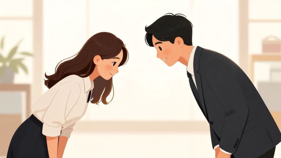 Illustration%20of%20two people bowing slightly, exchanging a respectful smile in a business setting, warm lighting, illustrated style