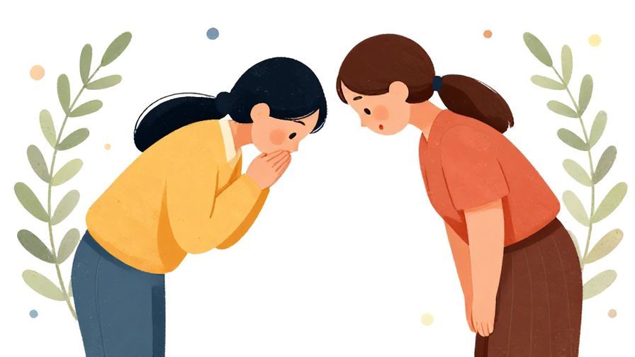 Illustration%20of%20two people bowing to each other politely, serene background with olive branches and soft dots, vibrant colors, illustrated style