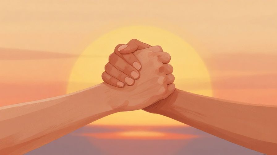 Illustration%20of%20two people clasping hands firmly, with an inspiring sunset background, warm colors, illustrated style