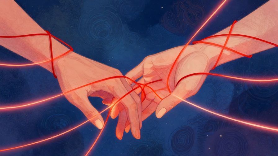 Illustration%20of%20two people connected by glowing red threads intertwined around their hands, mystical and romantic atmosphere, vibrant colors, illustrated style