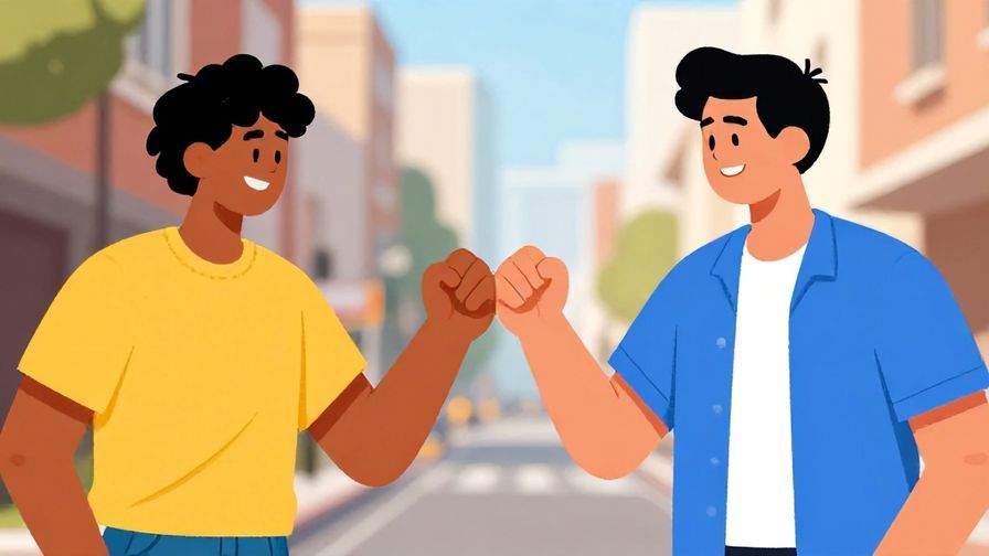 Illustration%20of%20two people fist-bumping%20outside%2C%20casual%20urban%20setting%2C%20vibrant%20colors%2C%20illustrated%20style