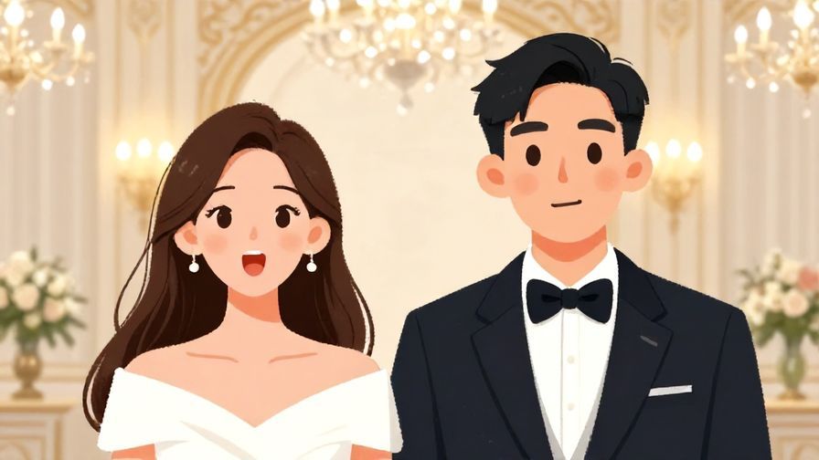 Illustration%20of%20two people in a formal setting looking surprised and smiling, elegant background with chandeliers, illustrated style