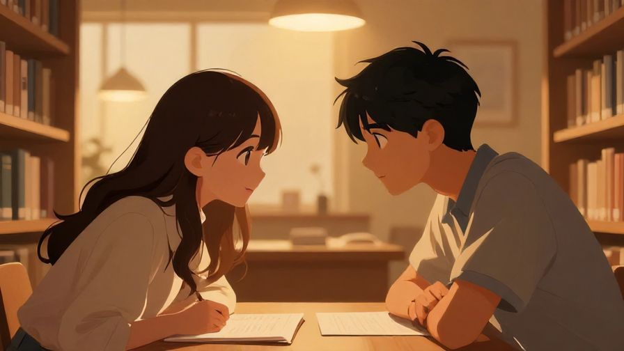 Illustration%20of%20two people leaning close in a quiet library setting, speaking softly, warm indoor lighting