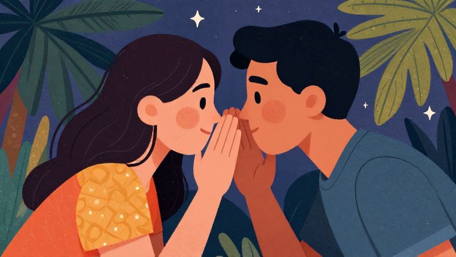 Illustration%20of%20two people leaning close, sharing a secret, with a background of palm leaves and stars, cozy and vibrant, illustrated style