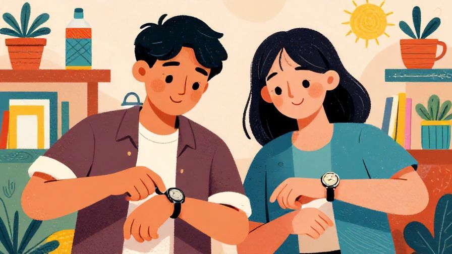 Illustration%20of%20two people looking at their watches and smiling, detailed background, vibrant colors, illustrated style