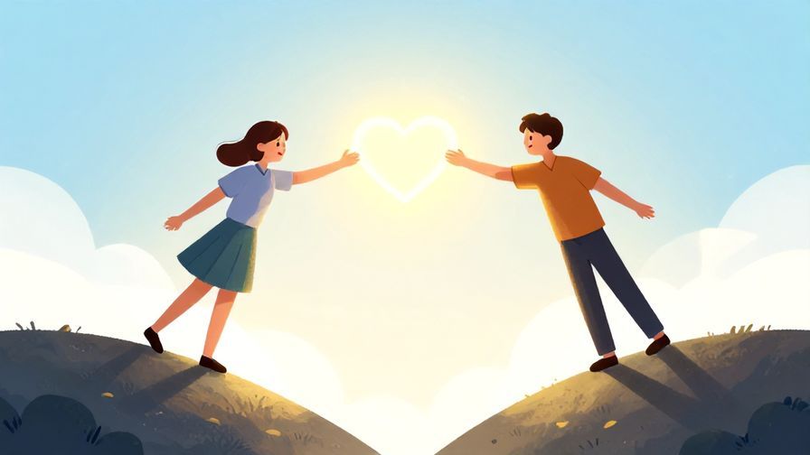 Illustration%20of%20two people on opposite hills reaching hands toward each other with glowing hearts, bright sky background, illustrated style