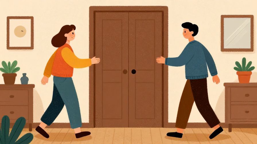 Illustration%20of%20two people politely stepping back from a closed door, showing respect and restraint, cozy indoor setting, vibrant colors, illustrated style