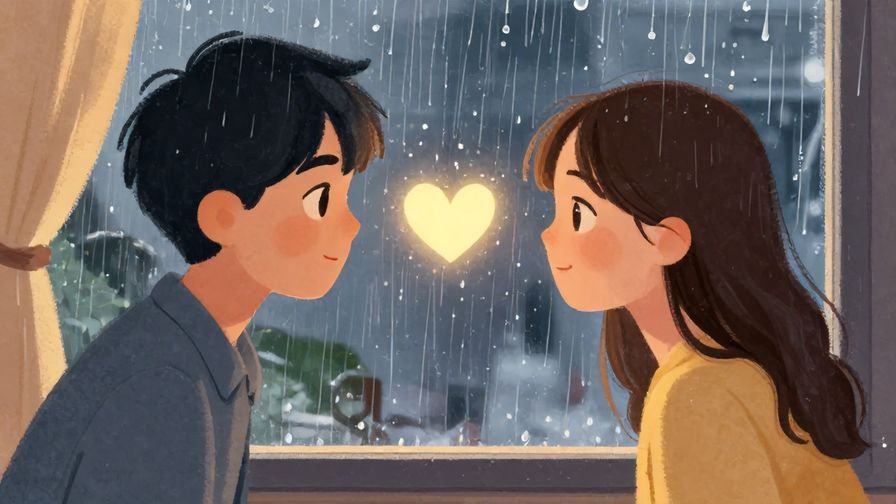 Illustration%20of%20two people separated by a window with rain drops, hearts glowing between them, soft warm colors, illustrated style