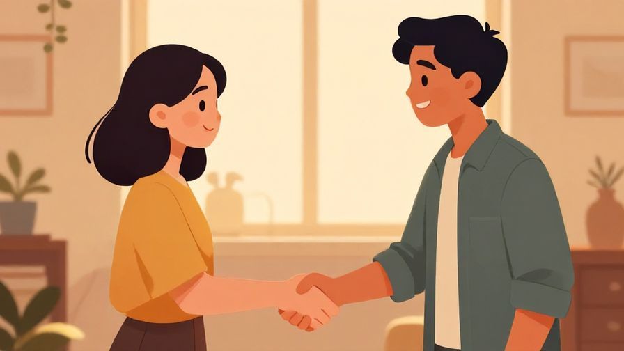 Illustration%20of%20two people shaking hands firmly with smiles, warm indoor lighting, cozy atmosphere