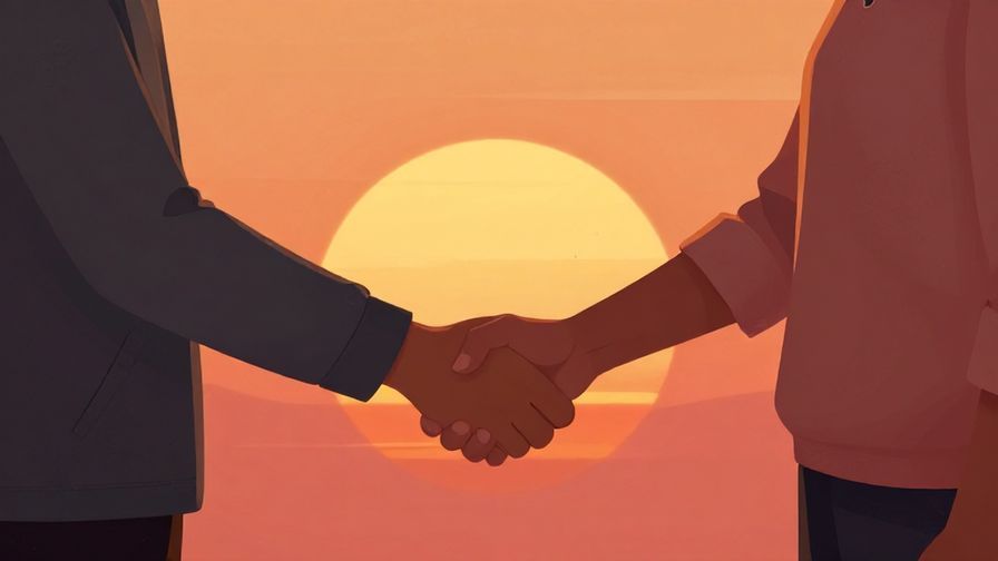 Illustration%20of%20two people shaking hands firmly in front of a sunset, warm vibrant colors, symbolic background