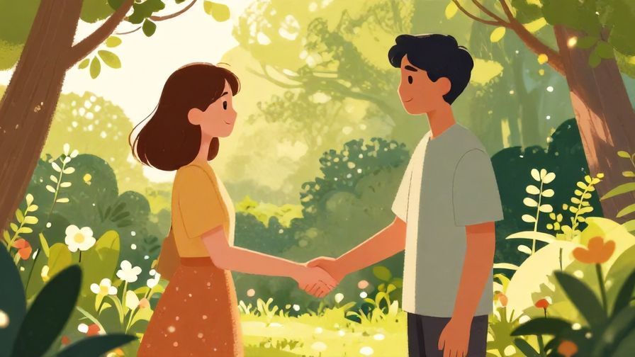 Illustration%20of%20two people shaking hands gently in a garden setting, soft sunlight filtering through trees
