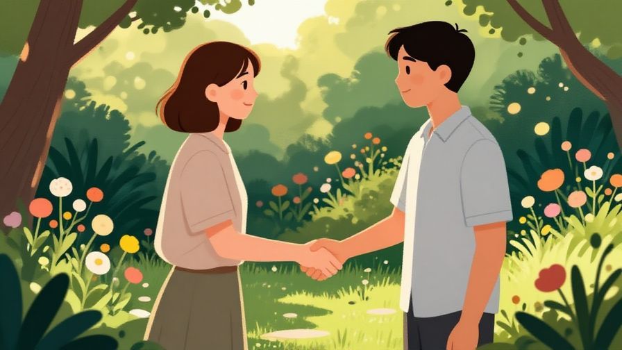 Illustration%20of%20two people shaking hands gratefully in a serene garden, soft sunlight, peaceful atmosphere, illustrated style
