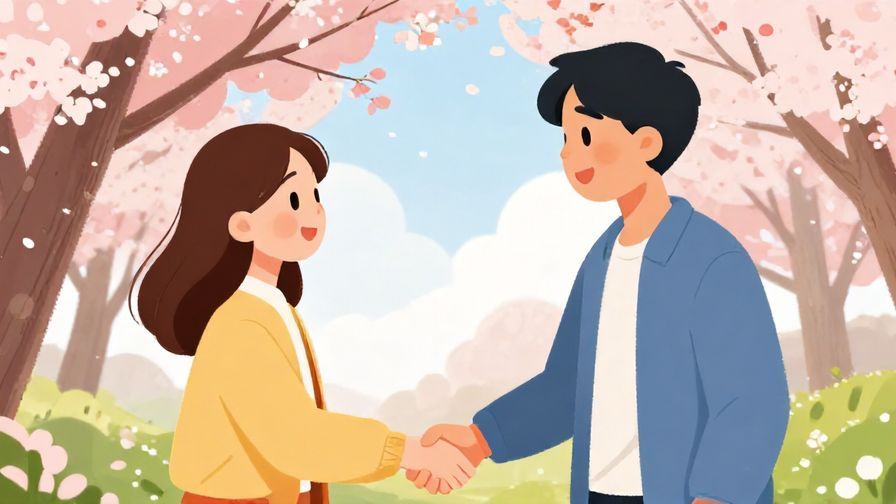 Illustration%20of%20two people shaking hands outdoors under cherry blossoms, hopeful expressions, vibrant spring colors, illustrated style