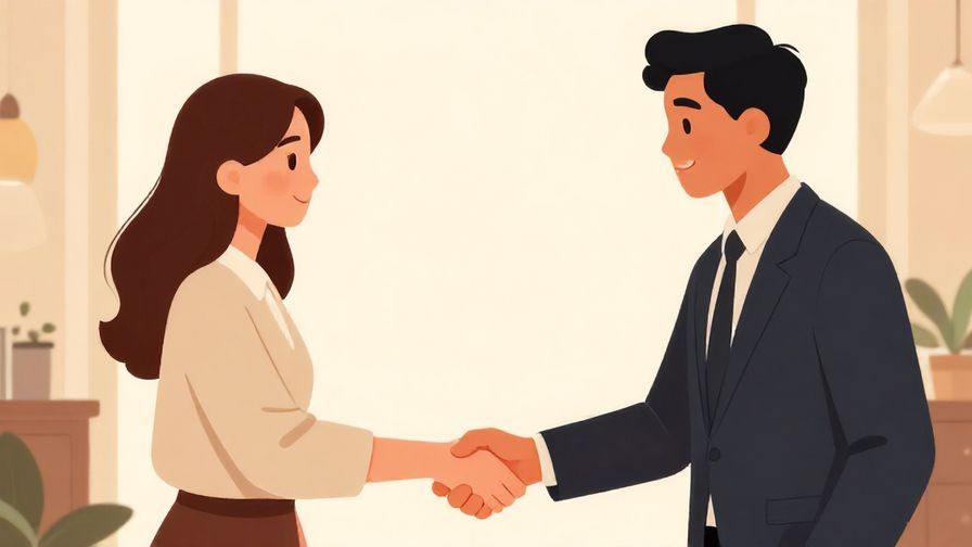 Illustration%20of%20two people shaking hands politely in a business environment, warm lighting, elegant background, illustrated style