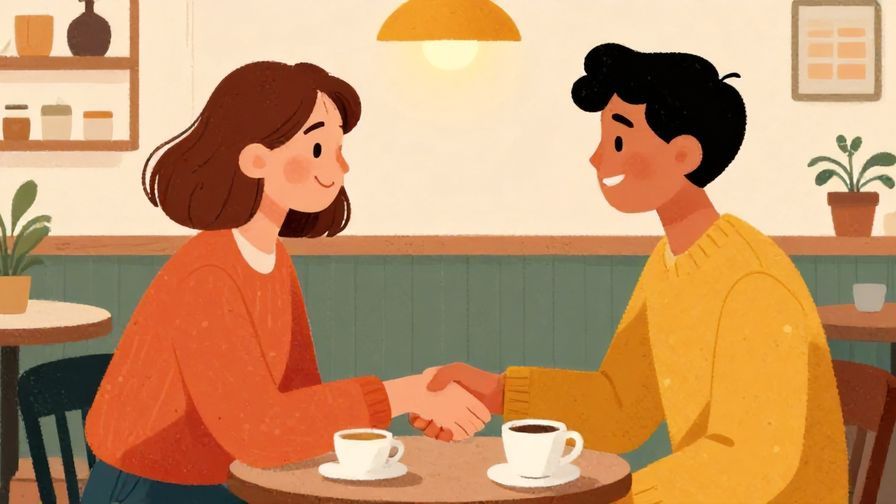 Illustration%20of%20two people shaking hands warmly in a cozy coffee shop, smiling, with warm lighting, vibrant colors, illustrated style