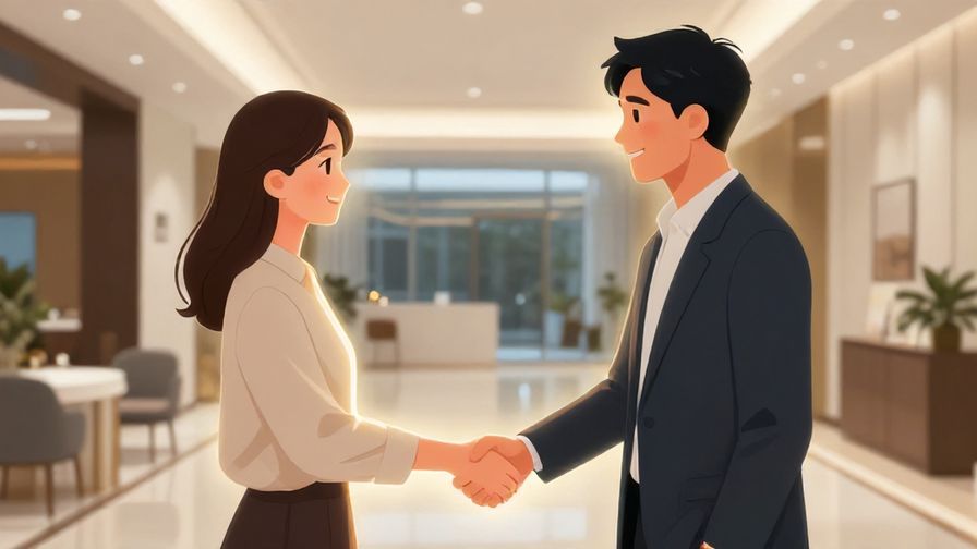 Illustration%20of%20two people shaking hands warmly in a polished modern setting, subtle glowing aura around them, detailed background, illustrated style