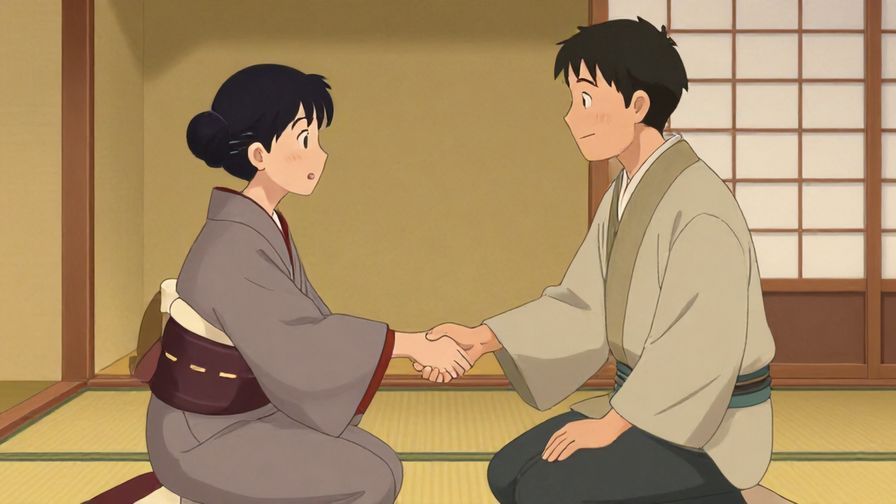 Illustration%20of%20two people shaking hands warmly in a traditional Japanese room, soft lighting and respectful atmosphere