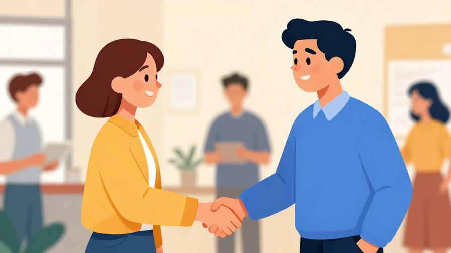 Illustration%20of%20two people shaking hands with warm smiles%2c office or social gathering background%2c vibrant illustrated colors