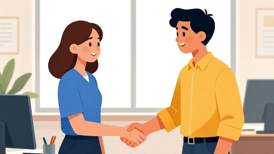 Illustration%20of%20two people shaking hands with sincere smiles in an office setting, bright natural light, vibrant colors, illustrated style