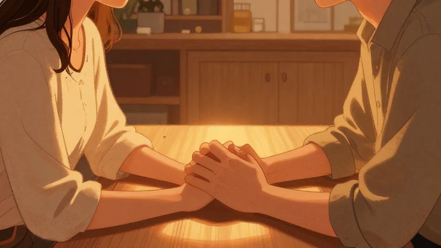 Illustration%20of%20two people sitting close, sharing a quiet moment with intertwined hands, warm glowing atmosphere, detailed background, illustrated style