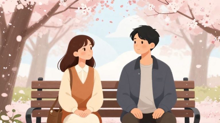 Illustration%20of%20two people sitting on a park bench facing slightly away, thoughtful expressions, with cherry blossoms gently falling around them, soft pastel background
