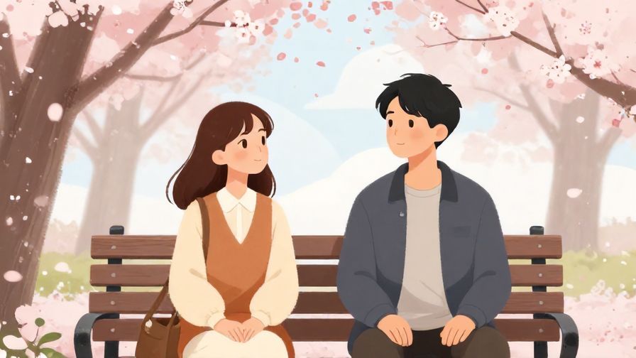 Illustration%20of%20two people sitting on a park bench facing slightly away, thoughtful expressions, with cherry blossoms gently falling around them, soft pastel background